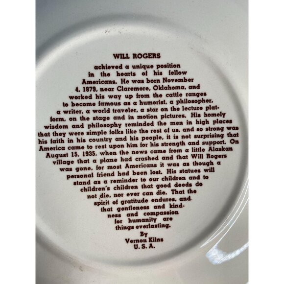 Will Rogers Commemorative Collectors Plate By Vernon Kilns 10" Ceramic - Picture 10 of 16